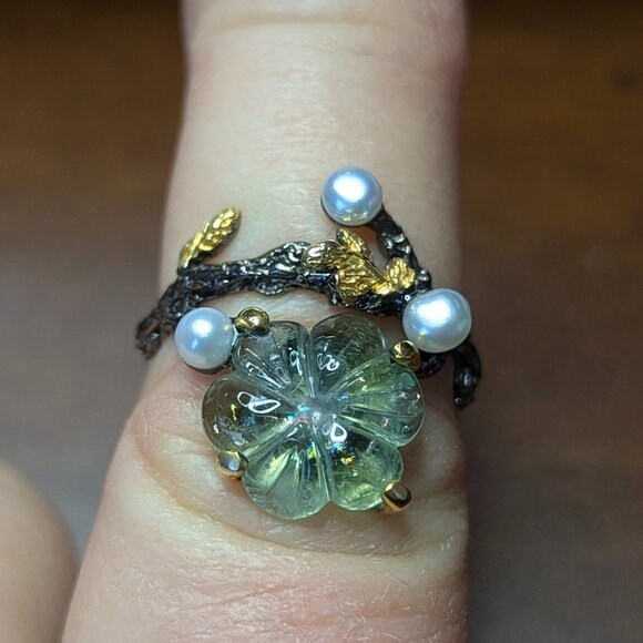 RING 5CT Green Tourmaline Carved Flower with Pearl Accents 925 Size 7.5 - Picture 3 of 9